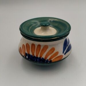 Vintage Talavera Pottery Lidded Salt Cellar Mini Spice Pot Mexican Folk Art 2"